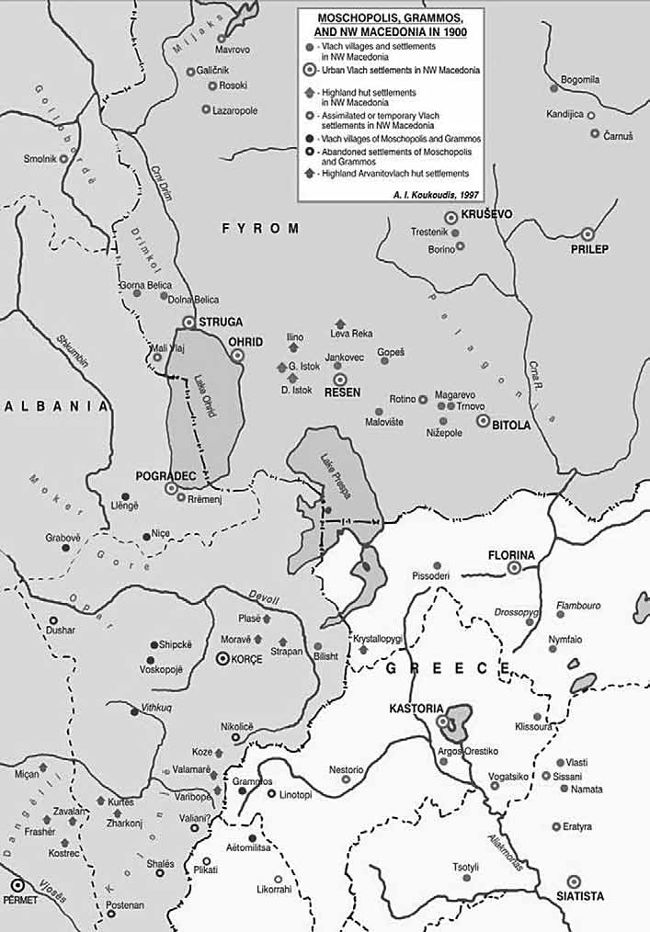 Χάρτης 5: Μοσχόπολη, Γράμμος και ΒΔ. Μακεδονία στα 1900 (πηγή: Koukoudis 2003: 67)